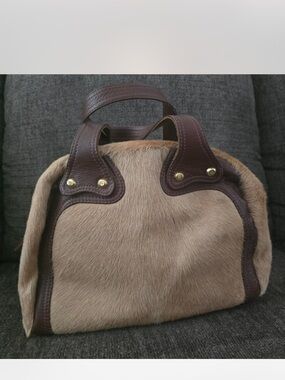 Goldenbleu Taupe Haircalf Satchel with Dark Brown Leather Trim